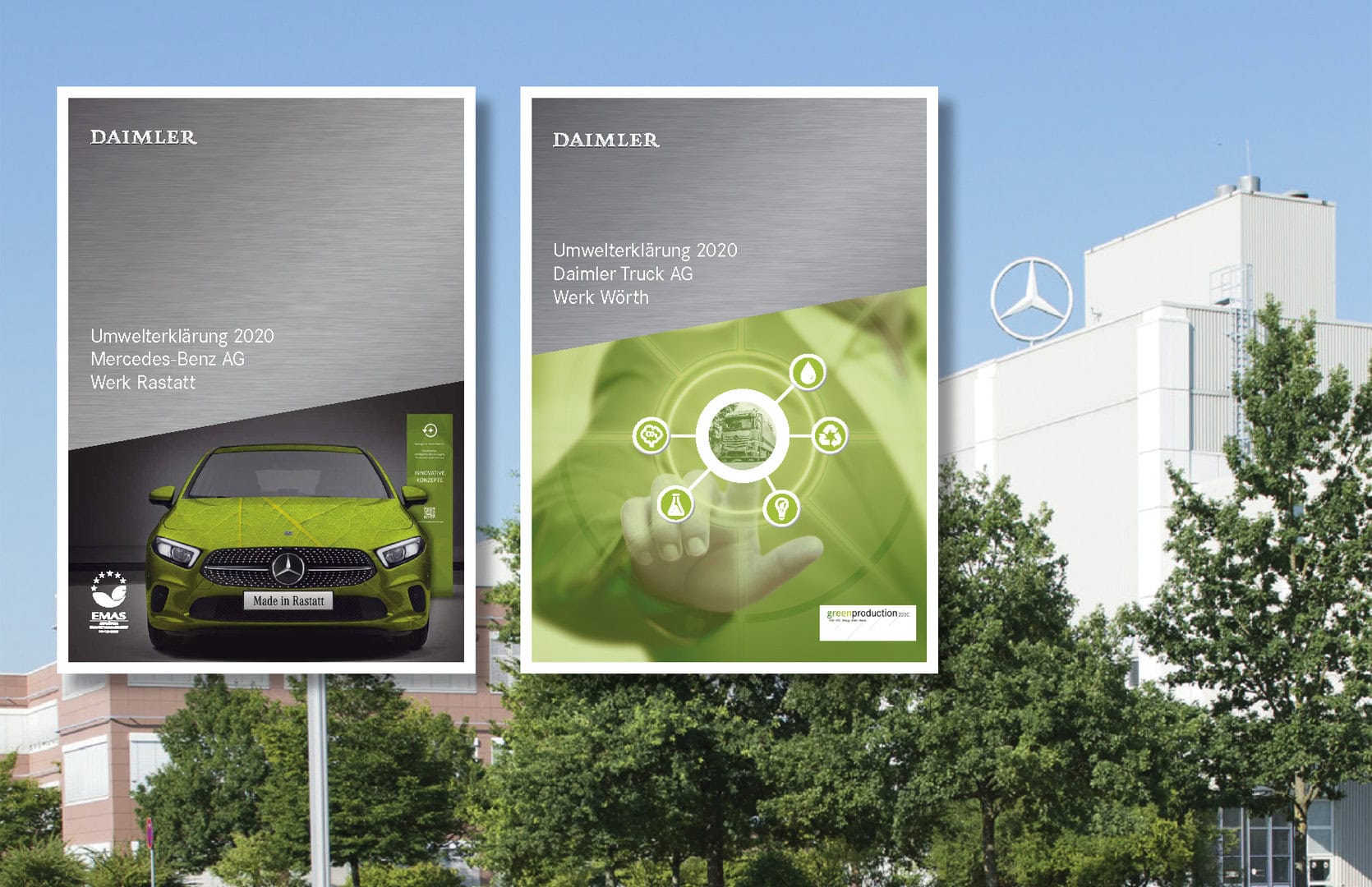 Vor einem Mercedes-Benz-Gebäude hängen zwei Poster von Daimler mit Einzelheiten zum Umweltbericht 2020.