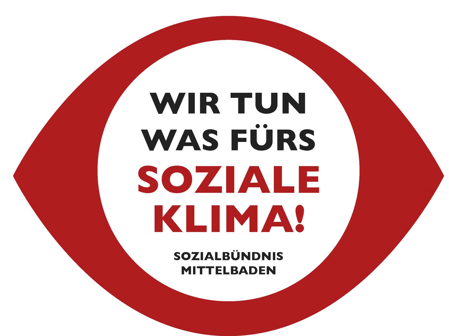 Rotes augenförmiges Logo mit Text: „WIR TUN WAS FÜRS SOZIALE KLIMA! SOZIALBÜNDNIS MITTELBADEN“ in Schwarz und Rot.