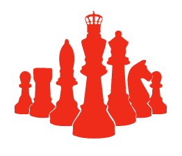 Silhouetten roter Schachfiguren auf weißem Hintergrund.