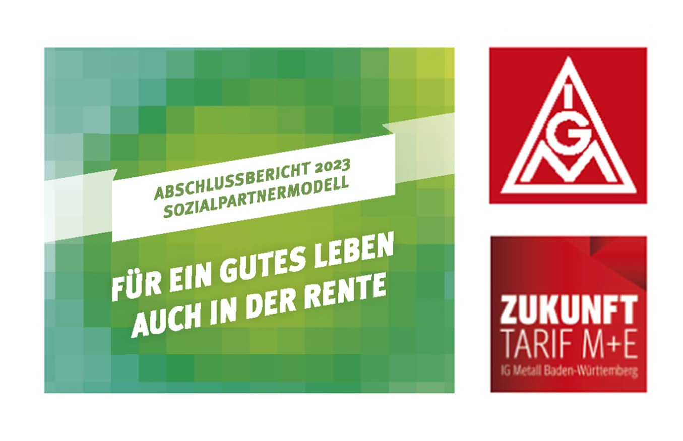 Ein deutsches Berichtscover mit dem Text „Abschlussbericht 2023 Sozialpartnermodell – Für ein gutes Leben auch in der Rente“ und Logos.