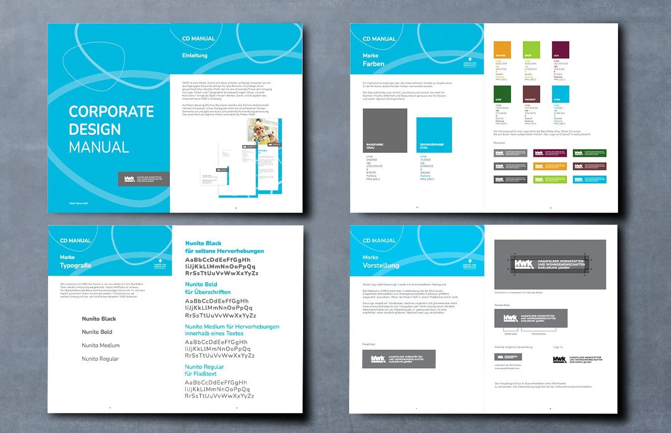 Vierseitiges Corporate-Design-Handbuch mit Abschnitten zu Typografie, Farben und Layouts mit blauen Akzenten und Wellendesigns.