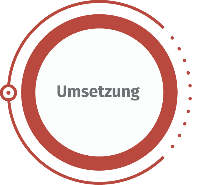 Stilisiertes deutsches Wort „Umsetzung“ in der Mitte eines roten kreisförmigen Designs.